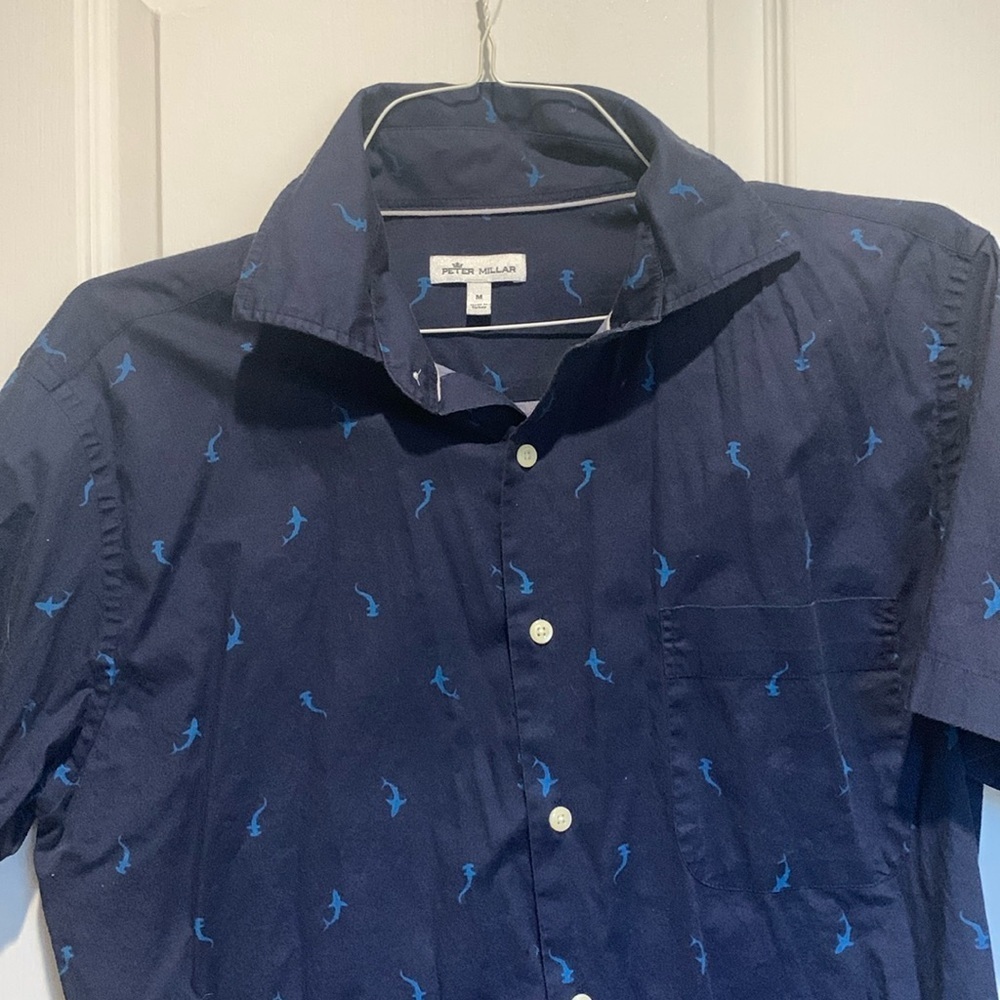 Peter Millar Mens Button Down S:S Shirt with light blue Sharks